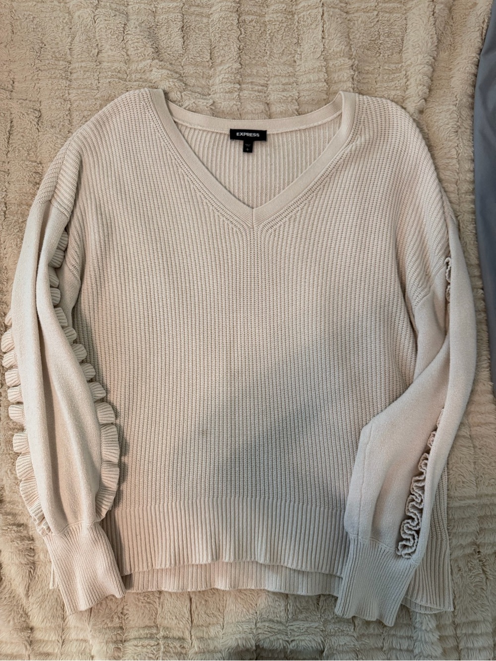 Express Cream V-Neck Sweater with Ruffle Sleeve Detail